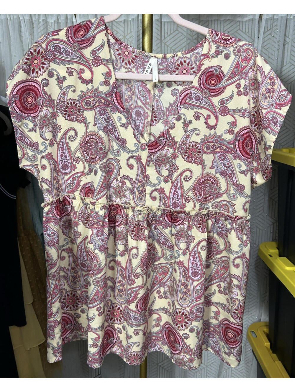 Roper Paisley Blouse Women's L Pink Purple V-Neck Boho Peasant Cowgirl Cottage